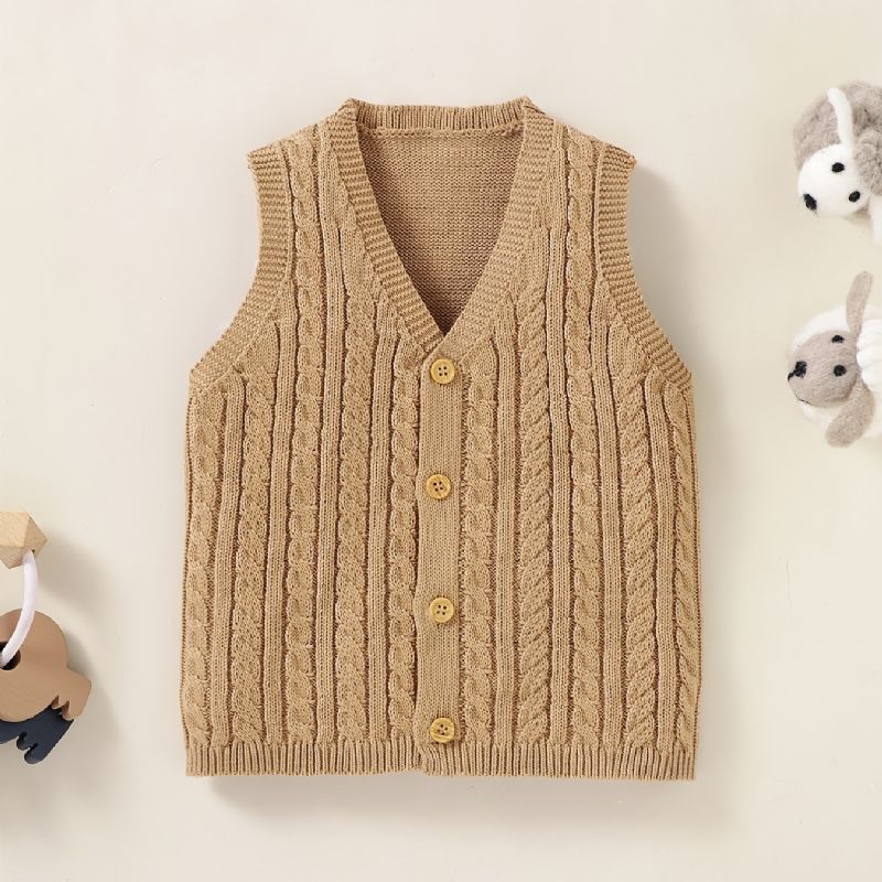 Baby Dreng Piger Ærmeløs Sweater Solid V-hals Strik Vest Med Kabel Mønster Til Vinter Tøj