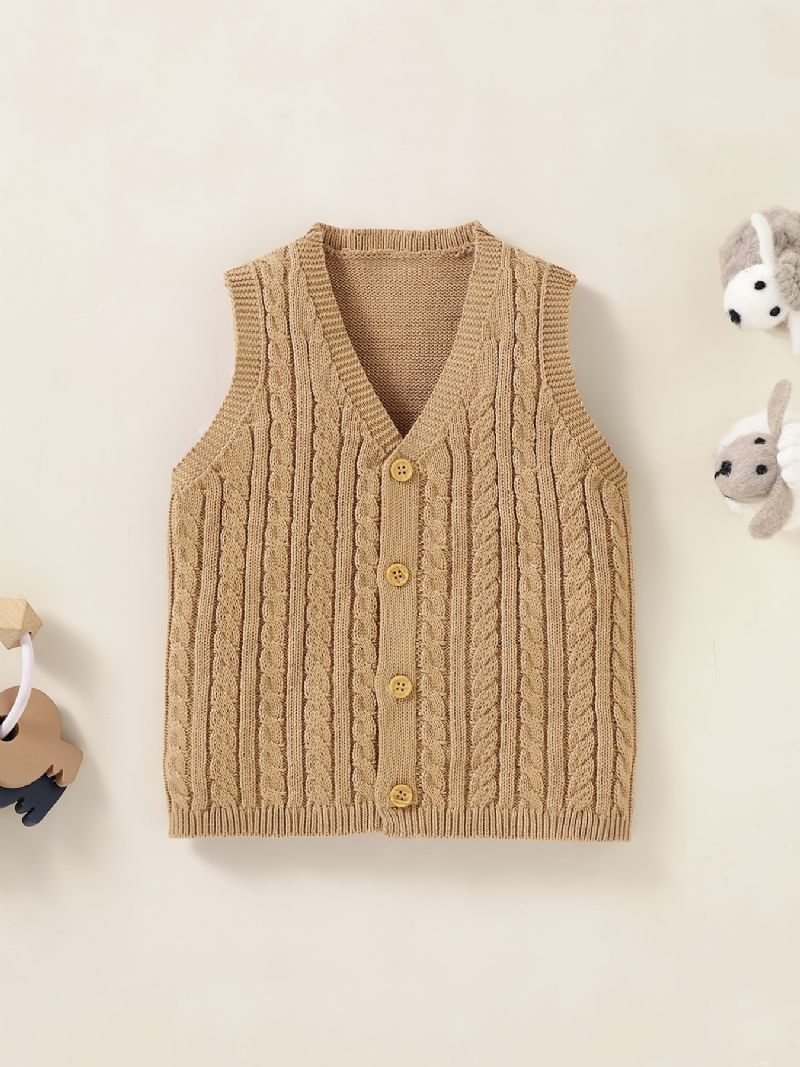 Baby Dreng Piger Ærmeløs Sweater Solid V-hals Strik Vest Med Kabel Mønster Til Vinter Tøj