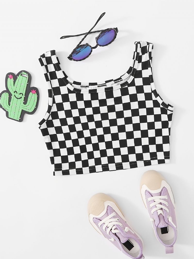 Børn Piger Plaid Ternet Print Ærmeløs Crop Tank Top Camisole Børnetøj