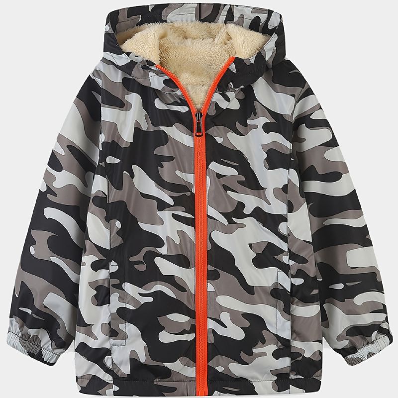 1 Stk Drenge Casual Camouflage Print Lynlås Hættejakke Cardigan Krave Termisk Fleecejakke Til Vinter