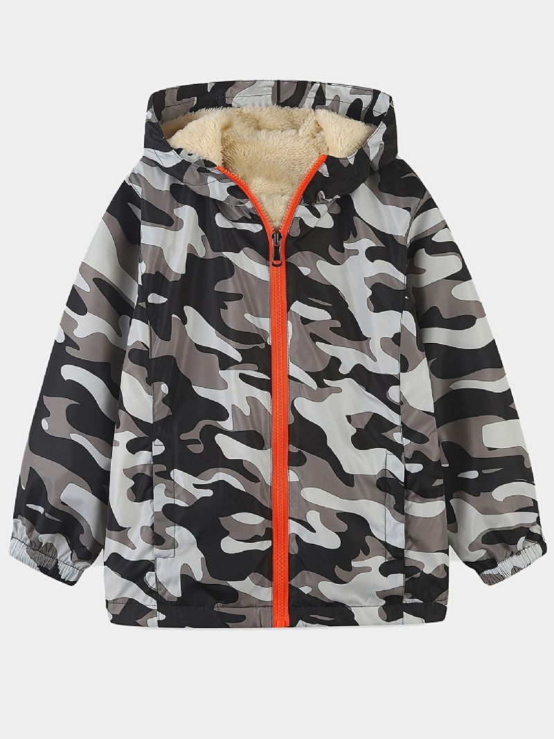 1 Stk Drenge Casual Camouflage Print Lynlås Hættejakke Cardigan Krave Termisk Fleecejakke Til Vinter