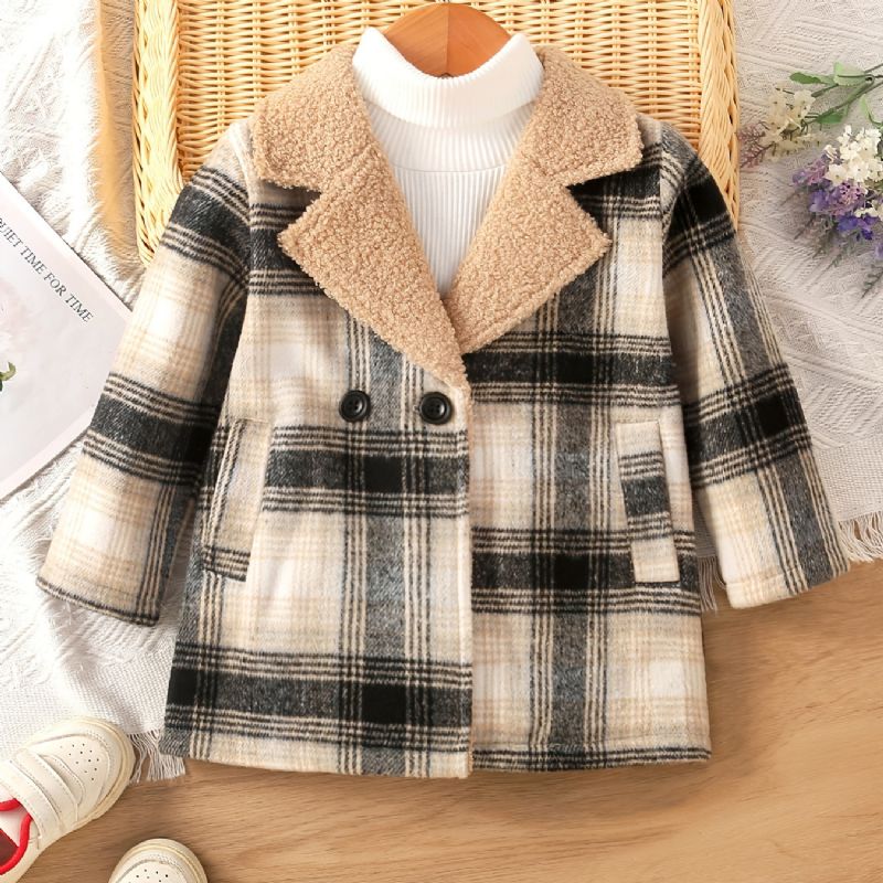 Baby Piger Plaid Jakke Langærmet Lapel Fleece Varm Frakke Vinter