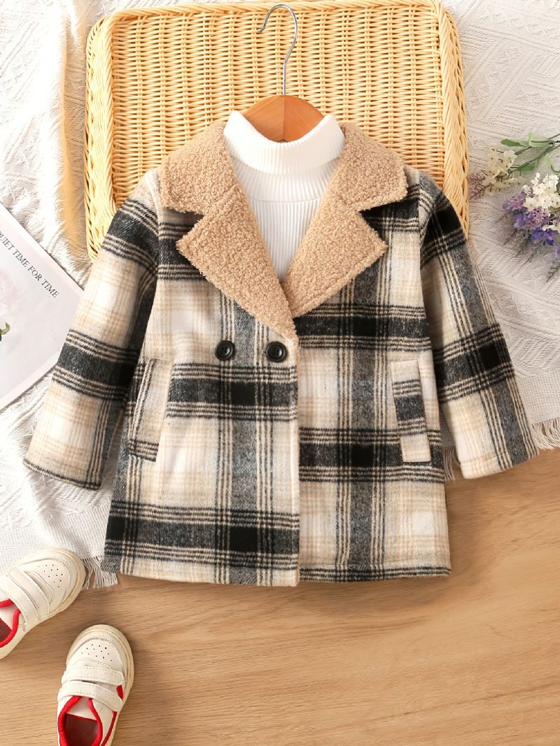 Baby Piger Plaid Jakke Langærmet Lapel Fleece Varm Frakke Vinter