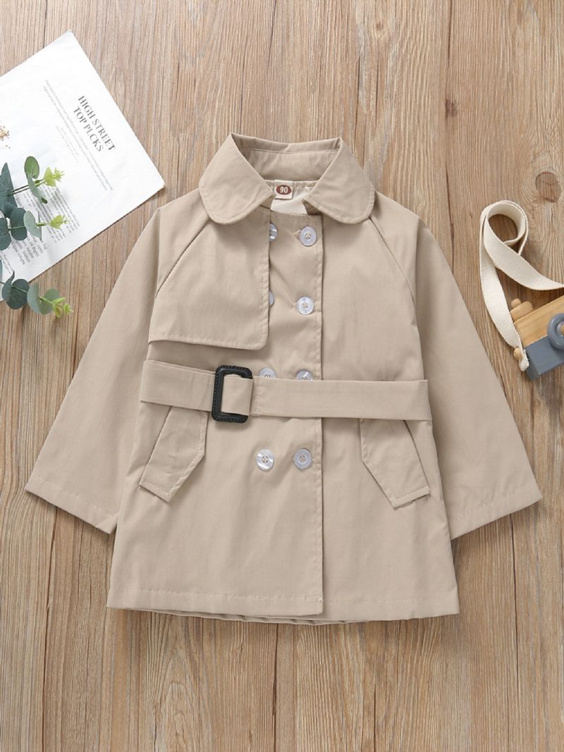 Piger Khaki Vintage Lapel Dobbeltradet Lang Trench Frakke