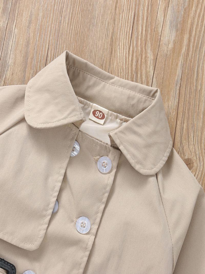 Piger Khaki Vintage Lapel Dobbeltradet Lang Trench Frakke