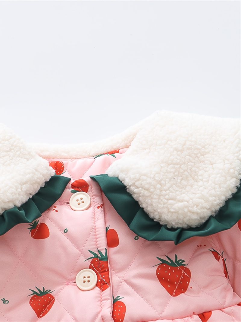 Småbørn Baby Piger Fleece Varm Pufferfrakke Strawberry Print Knap Reversjakke