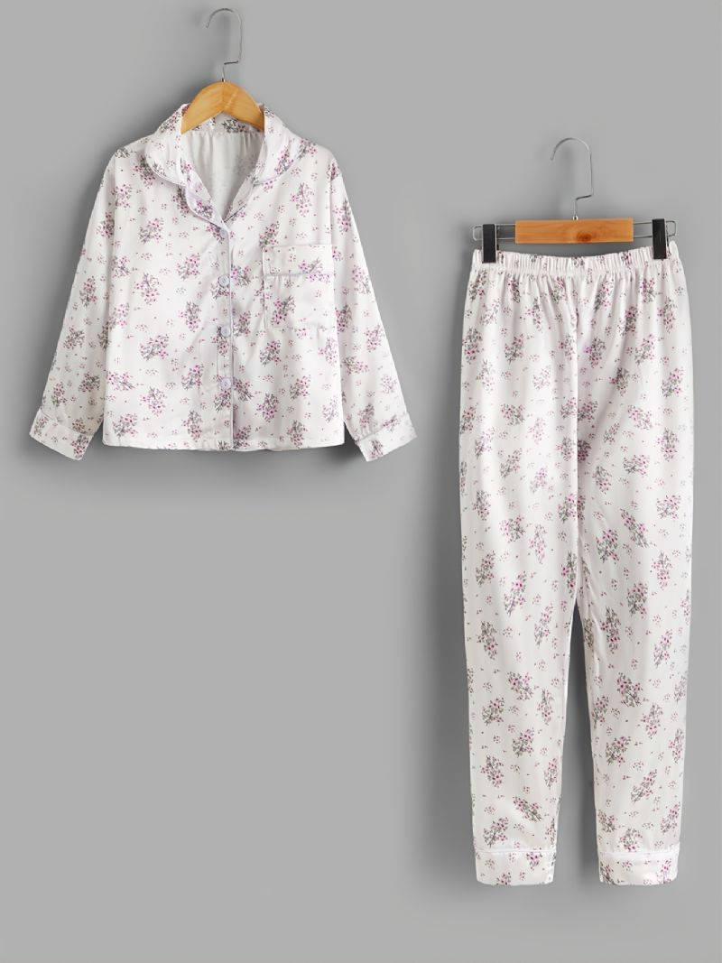 2 Stk Efterår & Vinter Piger Casual Revers Blomsterprint Langærmede Bukser Pyjamassæt