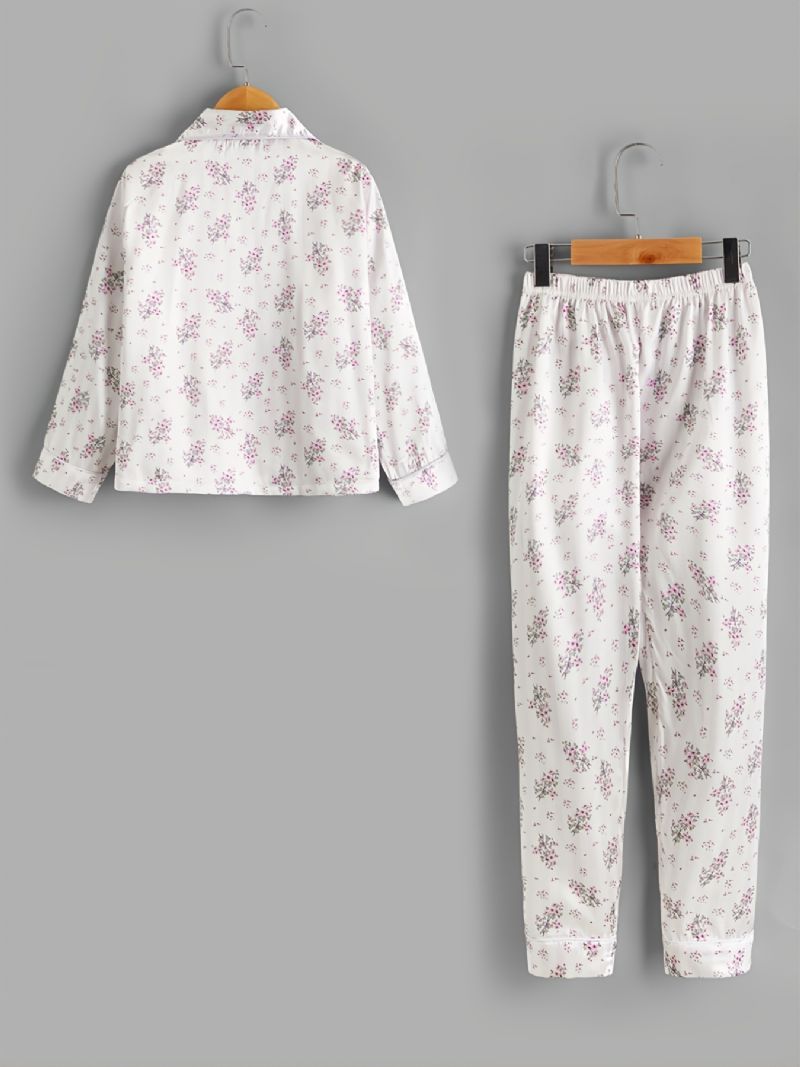 2 Stk Efterår & Vinter Piger Casual Revers Blomsterprint Langærmede Bukser Pyjamassæt