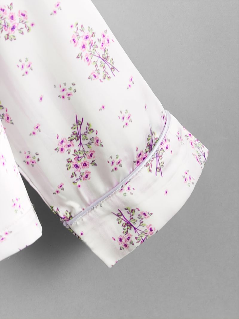 2 Stk Efterår & Vinter Piger Casual Revers Blomsterprint Langærmede Bukser Pyjamassæt