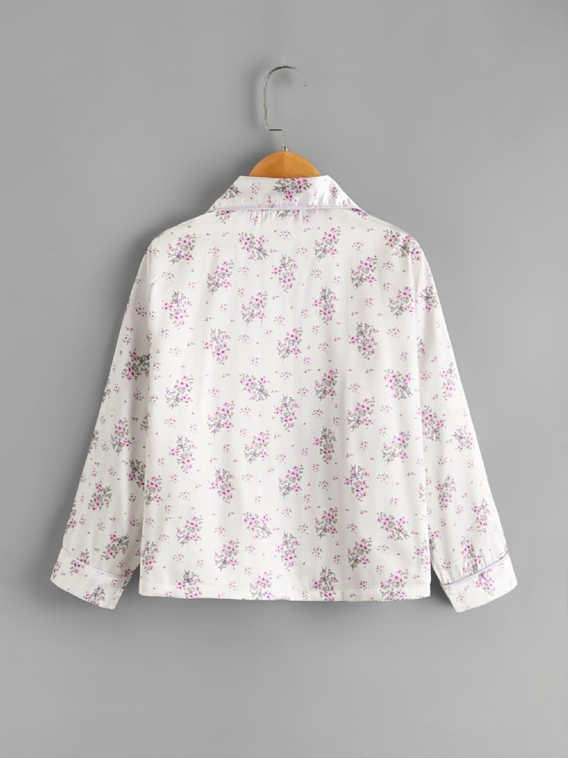 2 Stk Efterår & Vinter Piger Casual Revers Blomsterprint Langærmede Bukser Pyjamassæt