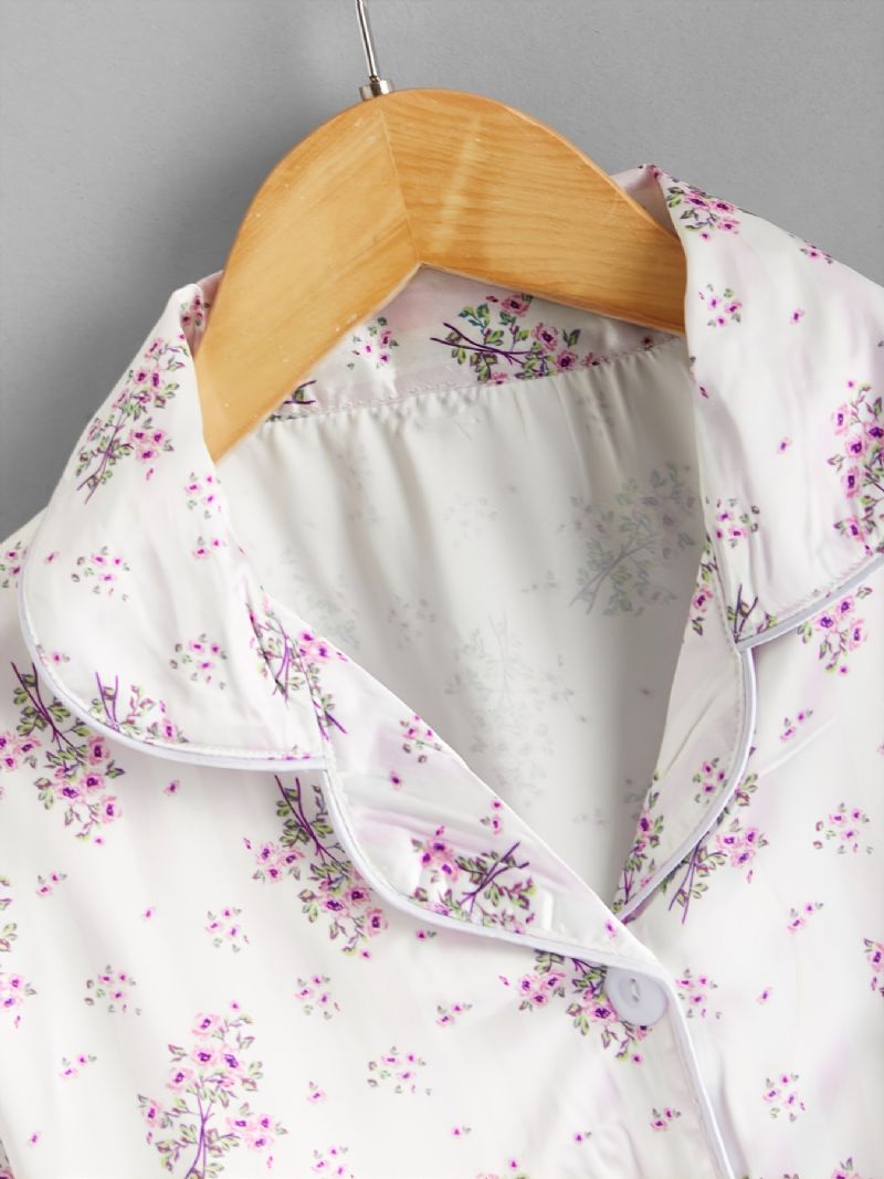 2 Stk Efterår & Vinter Piger Casual Revers Blomsterprint Langærmede Bukser Pyjamassæt