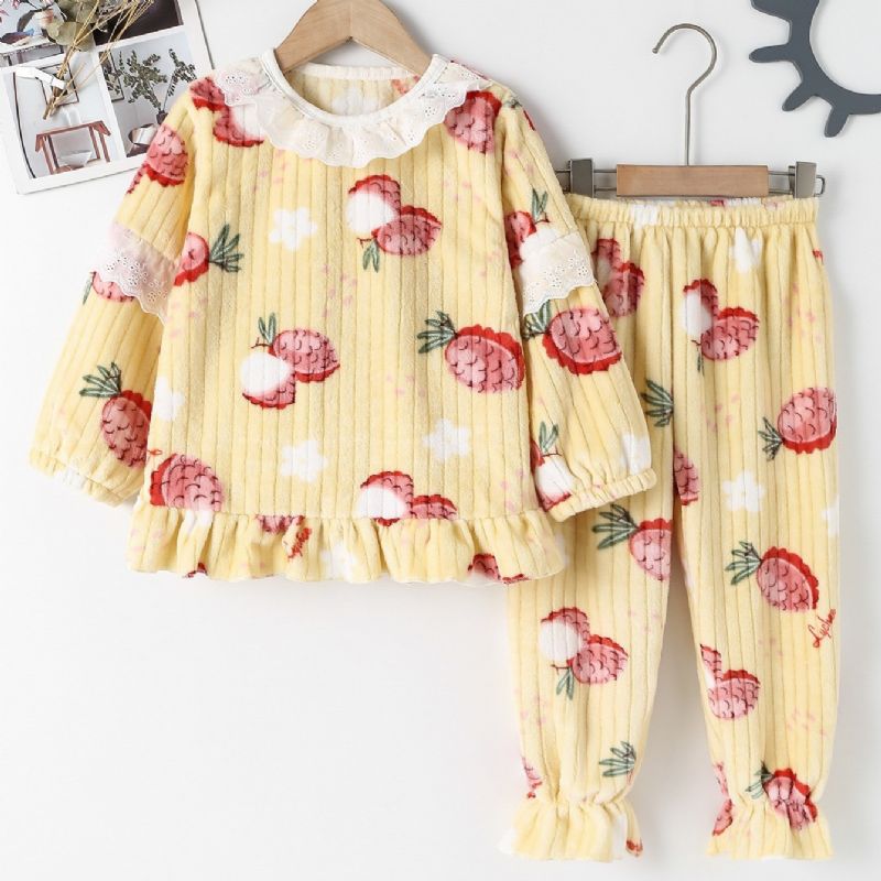 2 Stk Pige Langærmede Pullover Bukser Pyjamas Sæt Med Sødt Litchi Blomsterprint