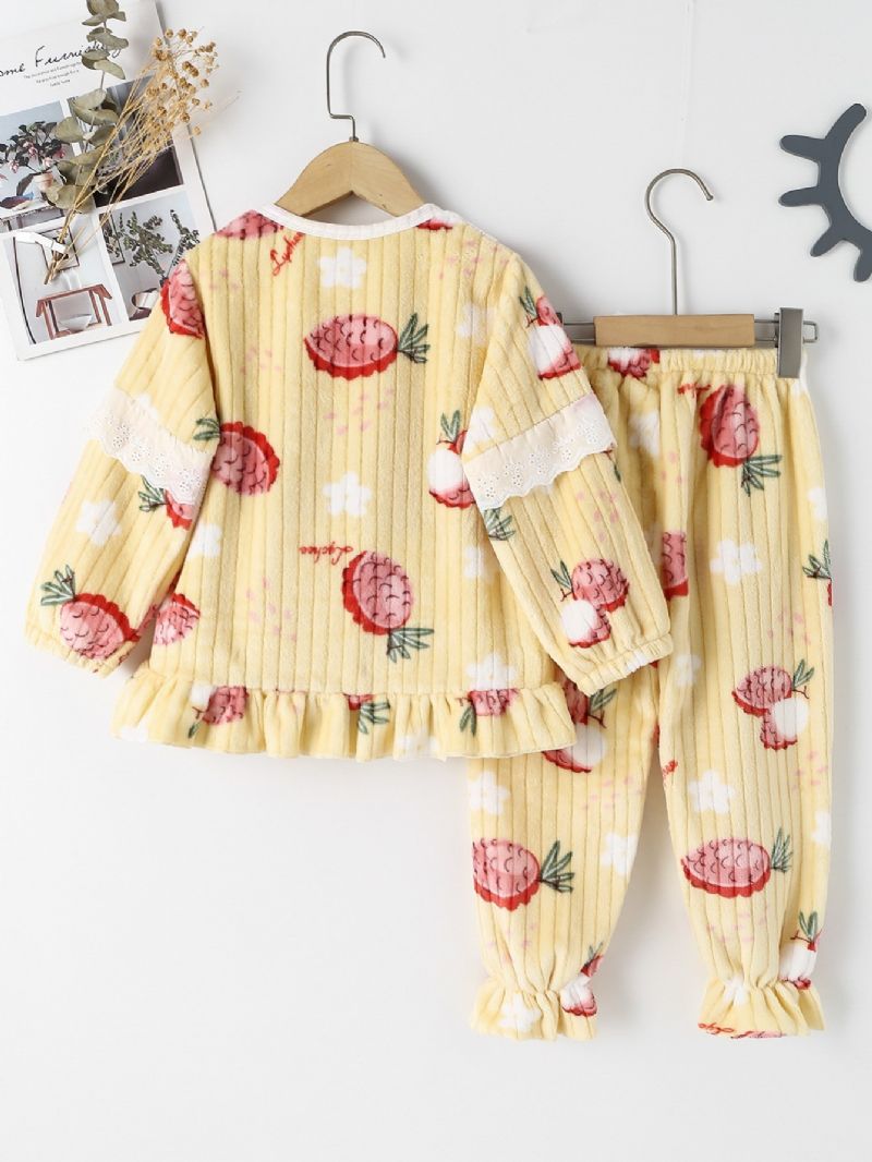 2 Stk Pige Langærmede Pullover Bukser Pyjamas Sæt Med Sødt Litchi Blomsterprint