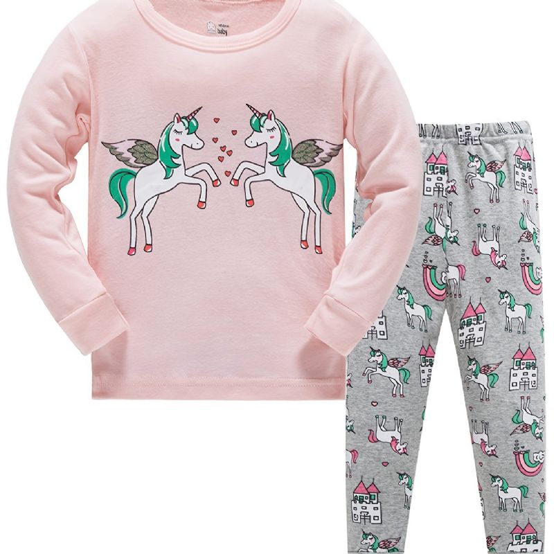 2 Stk Pige Tegneserie Enhjørning Print Pyjamas Sæt Med Langærmet Rund Hals Sweatshirt Og Bukser Til Vinter