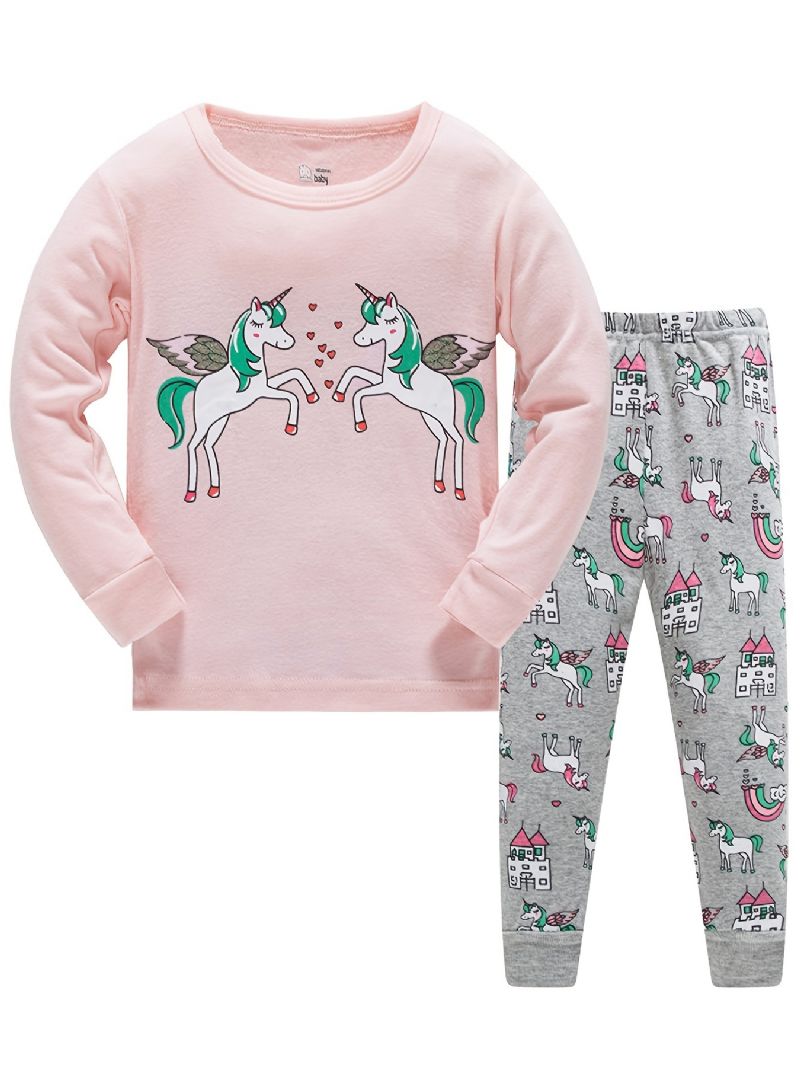 2 Stk Pige Tegneserie Enhjørning Print Pyjamas Sæt Med Langærmet Rund Hals Sweatshirt Og Bukser Til Vinter