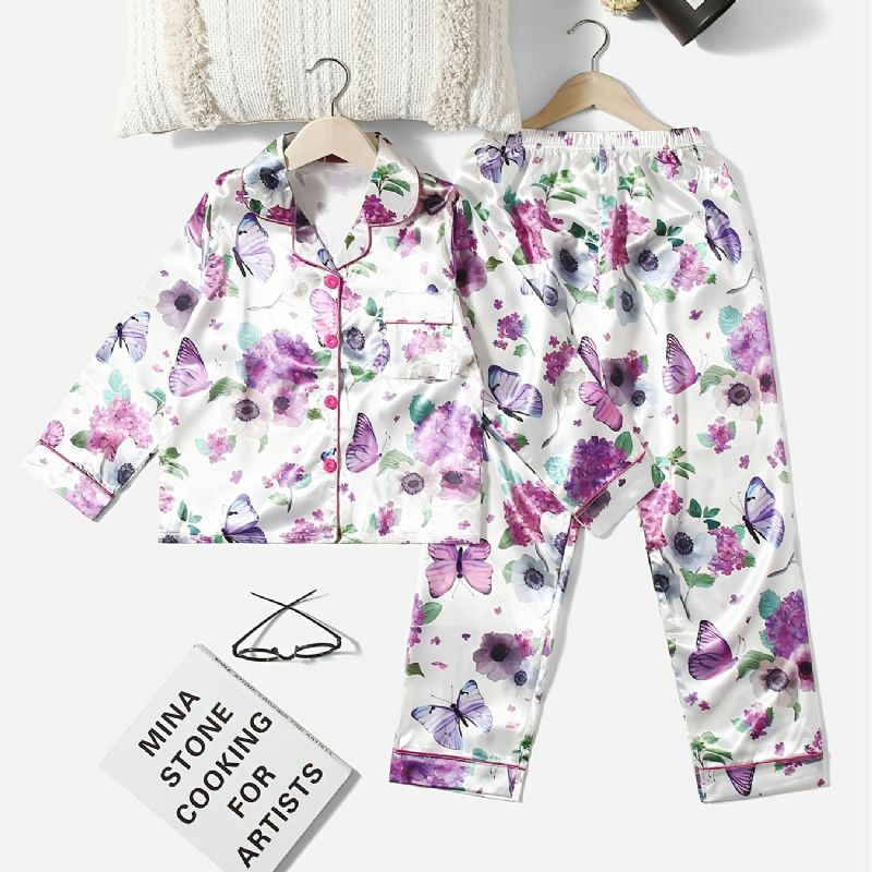 2 Stk Pigekrave Cardigan Pyjamassæt Med Hvidt Blomsterprint Lilla Sommerfugl