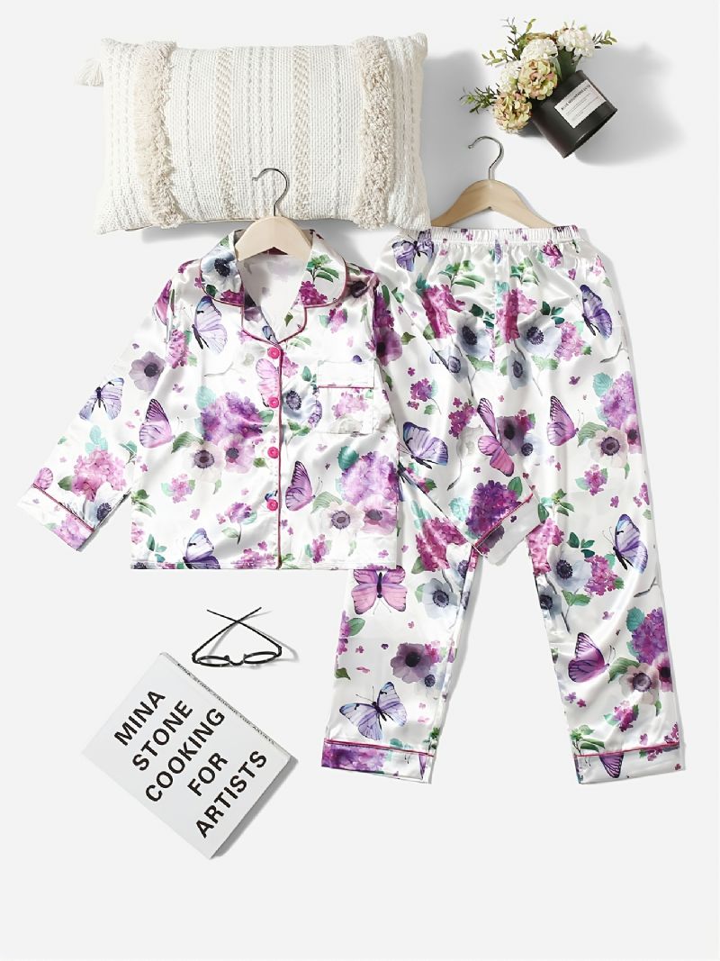 2 Stk Pigekrave Cardigan Pyjamassæt Med Hvidt Blomsterprint Lilla Sommerfugl