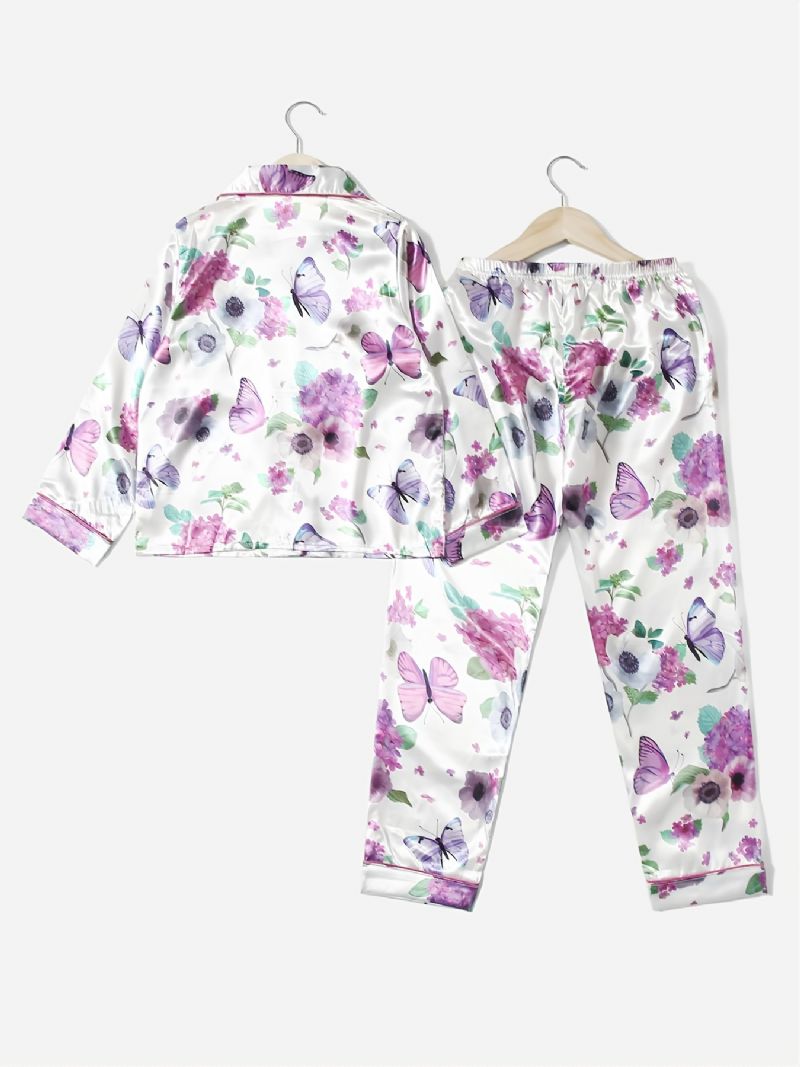 2 Stk Pigekrave Cardigan Pyjamassæt Med Hvidt Blomsterprint Lilla Sommerfugl