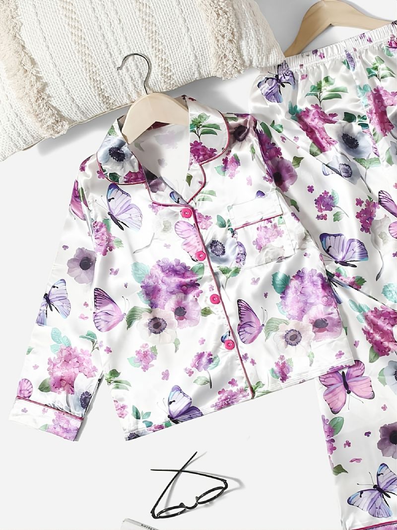 2 Stk Pigekrave Cardigan Pyjamassæt Med Hvidt Blomsterprint Lilla Sommerfugl