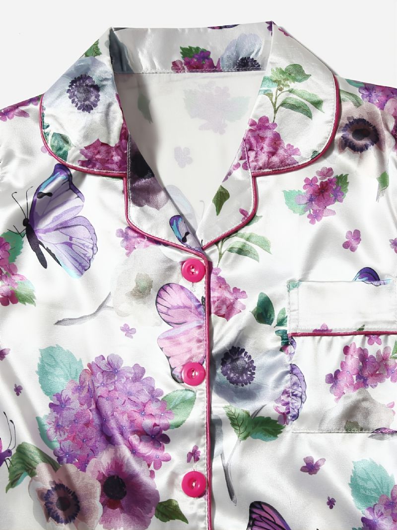 2 Stk Pigekrave Cardigan Pyjamassæt Med Hvidt Blomsterprint Lilla Sommerfugl