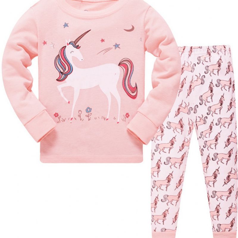 2 Stk Piger Casual Cartoon Unicorn Print Crew Neck Pink Bomuld Pyjamas Sæt