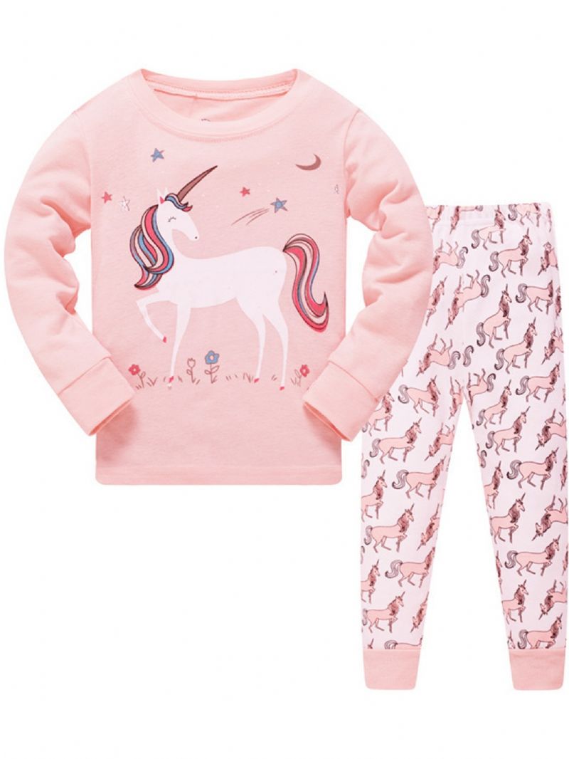 2 Stk Piger Casual Cartoon Unicorn Print Crew Neck Pink Bomuld Pyjamas Sæt