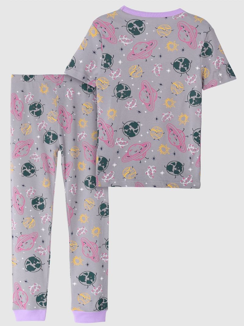 2 Stk Piger Sød Tegneserie Planet Print Pyjamas Sæt Med Kortærmede Toppe & Bukser