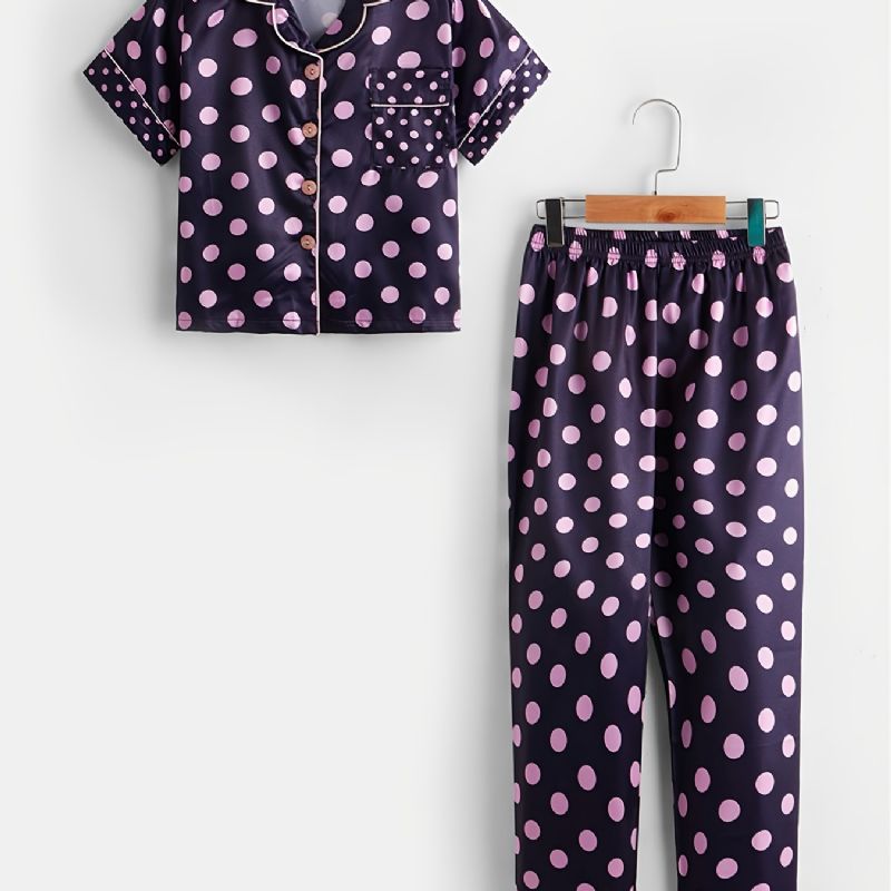 2 Stk Småbørnspiger Collared Cardigan Shorts Outfits Casual Polka Dot Pyjamas Sæt