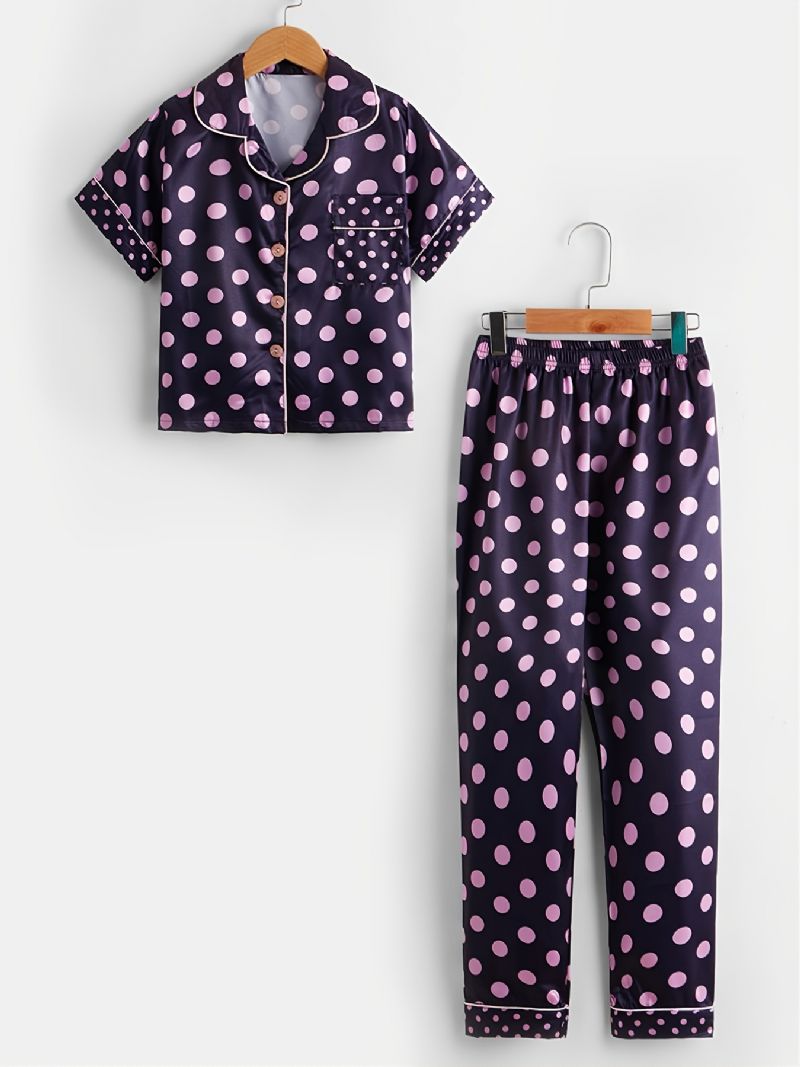 2 Stk Småbørnspiger Collared Cardigan Shorts Outfits Casual Polka Dot Pyjamas Sæt