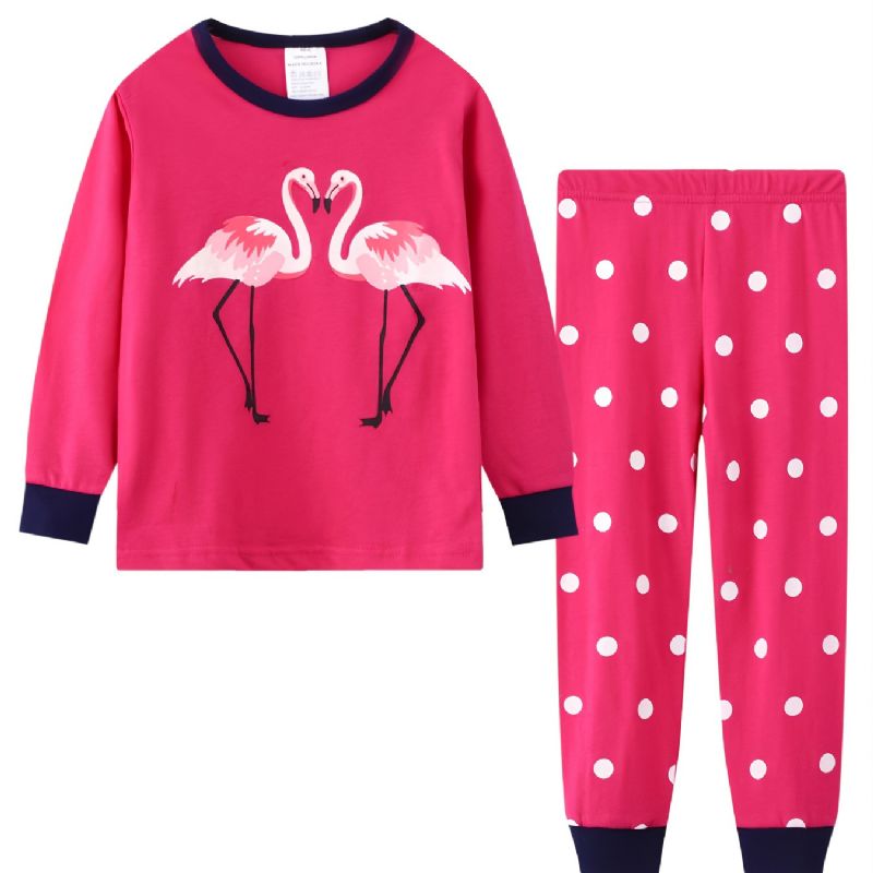 2 Stk Småbørnspiger Flamingo Print Bomuld Sweatshirt Med Rund Hals Pyjamas Sæt