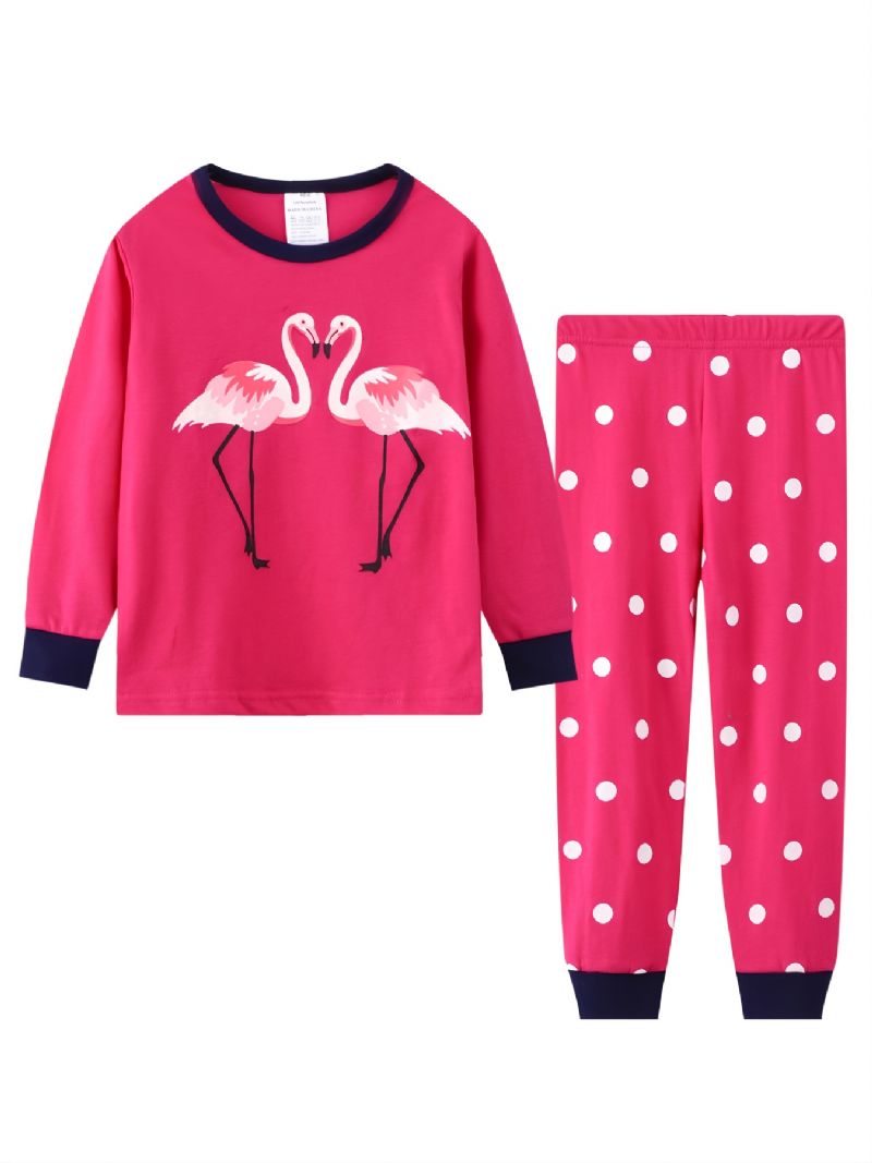 2 Stk Småbørnspiger Flamingo Print Bomuld Sweatshirt Med Rund Hals Pyjamas Sæt