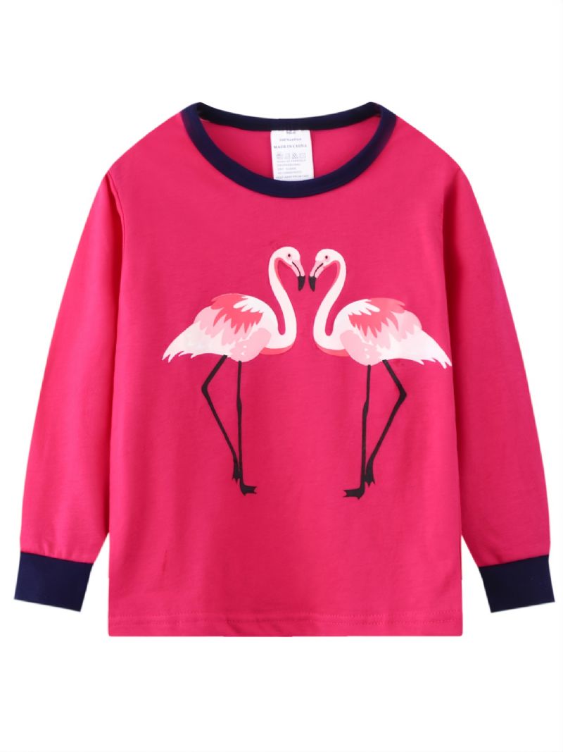 2 Stk Småbørnspiger Flamingo Print Bomuld Sweatshirt Med Rund Hals Pyjamas Sæt