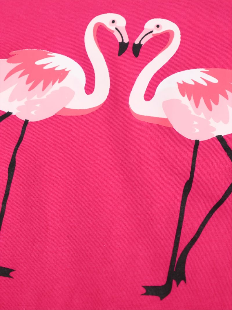 2 Stk Småbørnspiger Flamingo Print Bomuld Sweatshirt Med Rund Hals Pyjamas Sæt