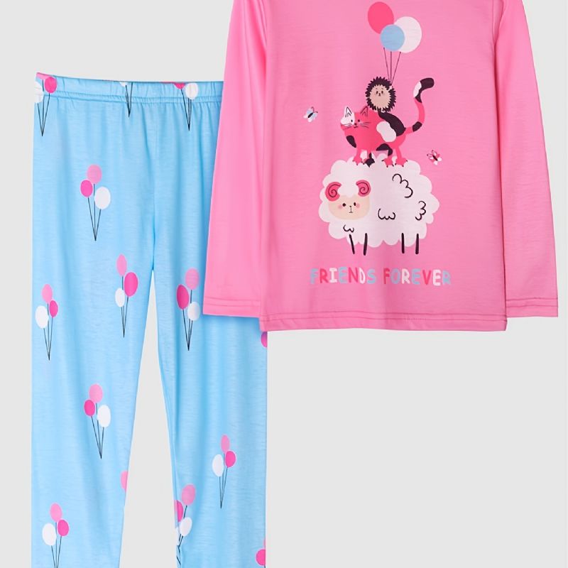 2 Stk Søde Piger Tegneserie Får Ballon Print Pyjamas Sæt Med Langærmede Toppe Og Bukser Ferskenfarve