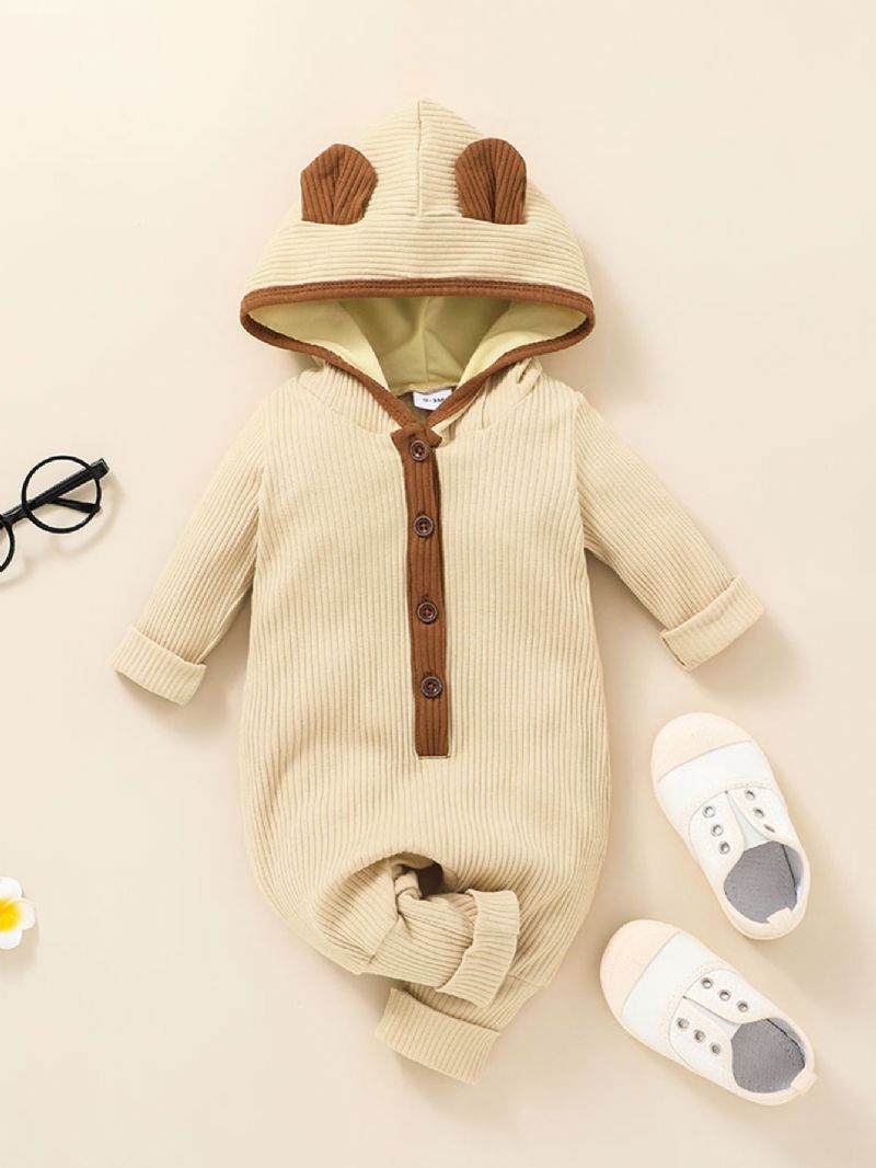 Baby Ribbet Hætte Jumpsuit Ensfarvet One-piece Pyjamas Bodysuit Loose Fit Efterår Vinter Outfits Tøj