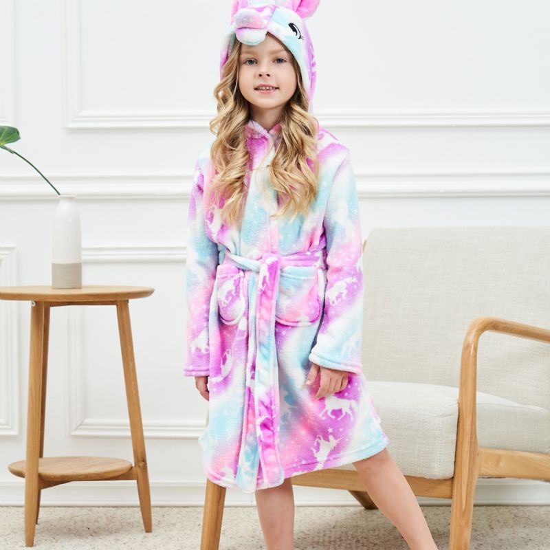 Babypiger Hættebadekåbe Pink Unicorn Blød Varm Flannel Pyjamas Vinter Børnetøj