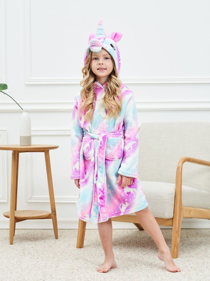 Babypiger Hættebadekåbe Pink Unicorn Blød Varm Flannel Pyjamas Vinter Børnetøj