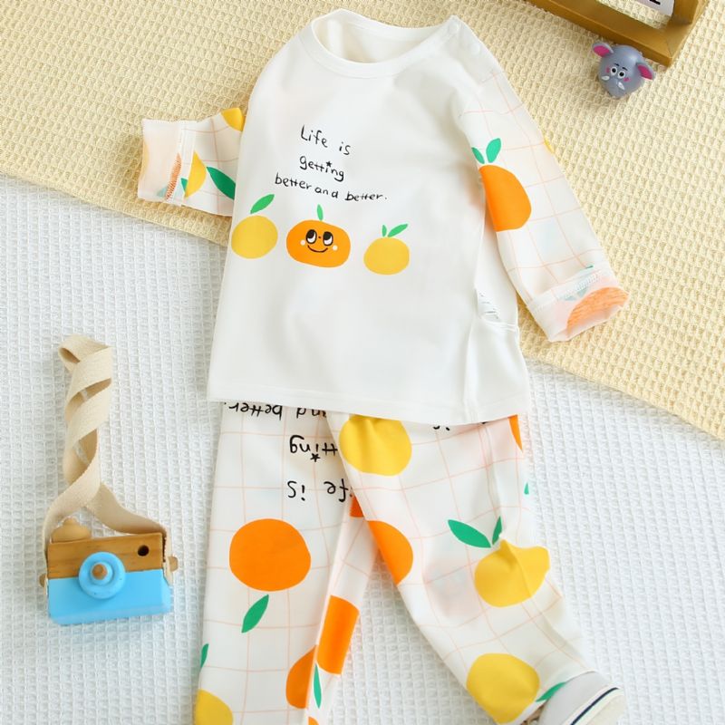 Babypiger Pyjamas Familieoutfit Orange Frugtprint Rundhalset Langærmet Top Og Buksesæt Børnetøj