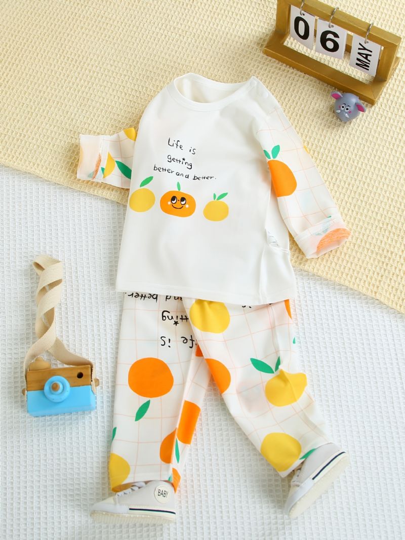 Babypiger Pyjamas Familieoutfit Orange Frugtprint Rundhalset Langærmet Top Og Buksesæt Børnetøj