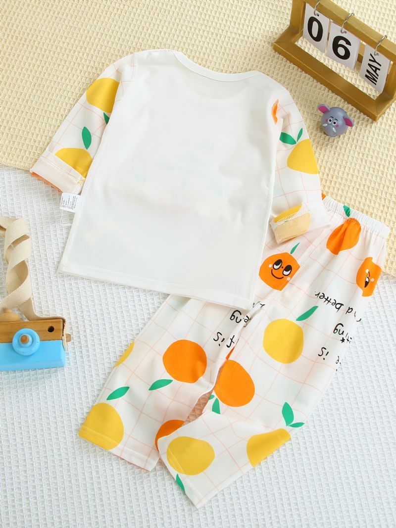 Babypiger Pyjamas Familieoutfit Orange Frugtprint Rundhalset Langærmet Top Og Buksesæt Børnetøj