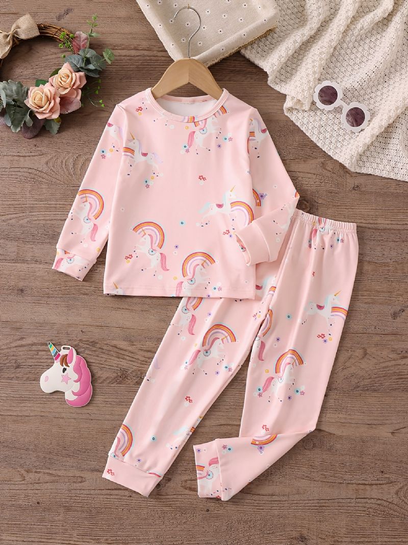 Babypiger Pyjamas Familieoutfit Unicorn Print Rundhalset Langærmet Top & Buksesæt Børnetøj