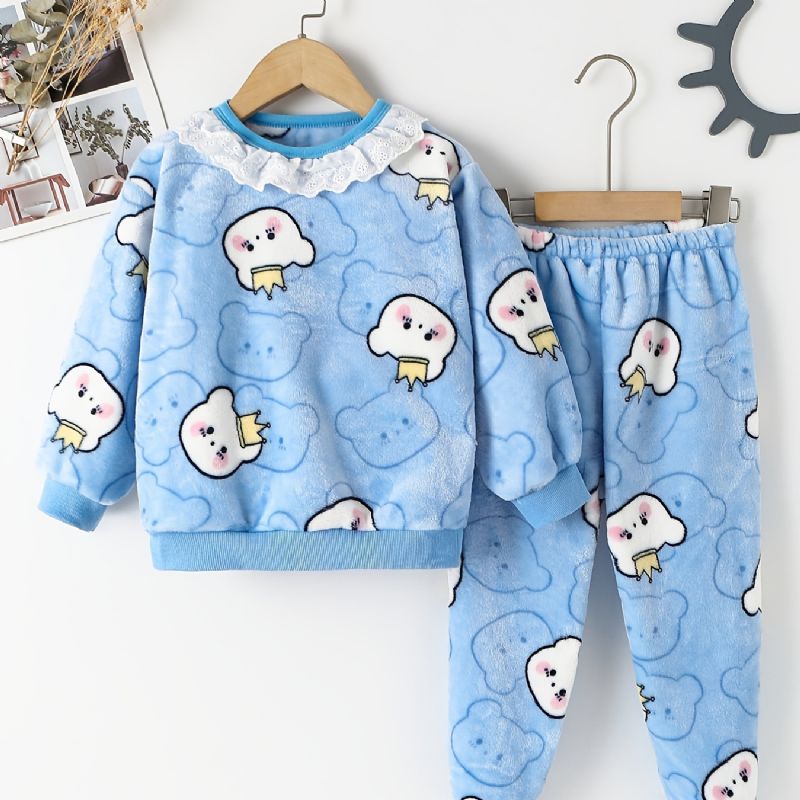 Babypiger Pyjamas Sæt Plys Toppe & Bukser Sæt Med Bear Print Til Vinter Ny