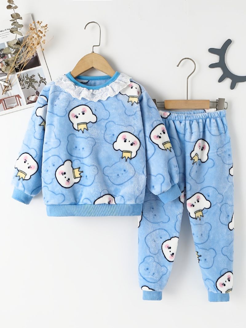 Babypiger Pyjamas Sæt Plys Toppe & Bukser Sæt Med Bear Print Til Vinter Ny