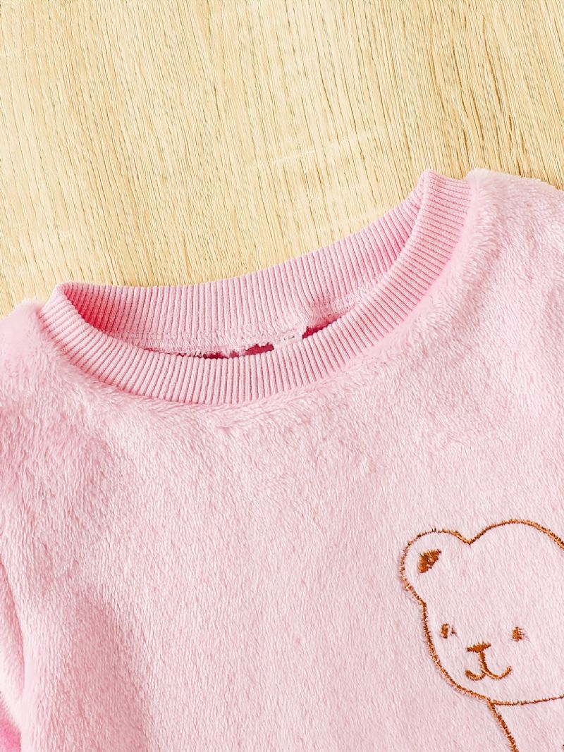 Babypiger Søde Pyjamassæt Med Termisk Bjørnetryk Fleece Top & Bukser Til Vinterhjem