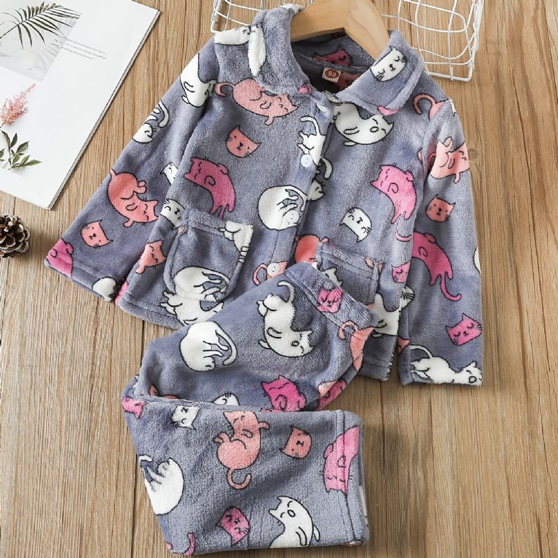 Babypiger Tykket Varm Flannel Pyjamas Familieoutfit Søde Dyr Med Langærmet Knap Top Og Bukser Sæt Børnetøj