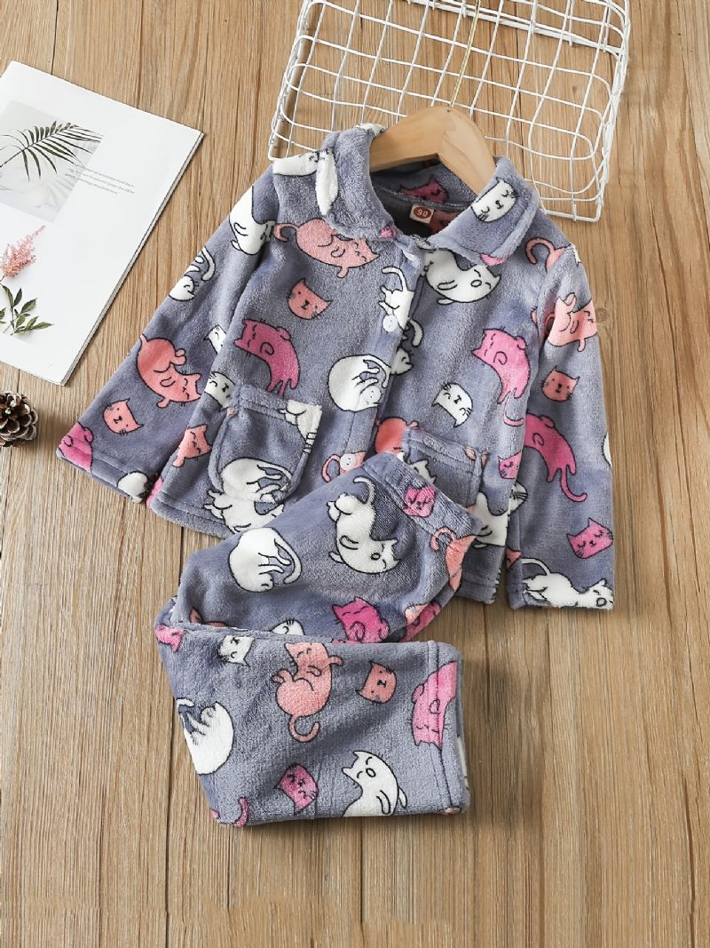 Babypiger Tykket Varm Flannel Pyjamas Familieoutfit Søde Dyr Med Langærmet Knap Top Og Bukser Sæt Børnetøj