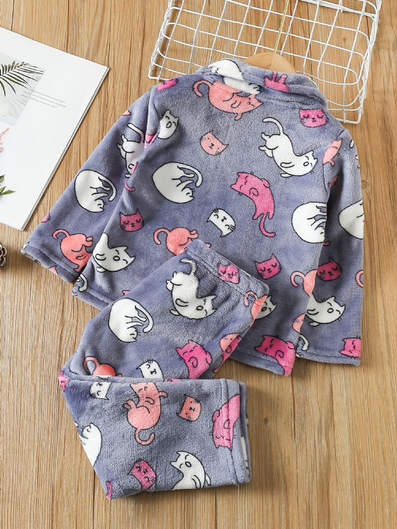 Babypiger Tykket Varm Flannel Pyjamas Familieoutfit Søde Dyr Med Langærmet Knap Top Og Bukser Sæt Børnetøj