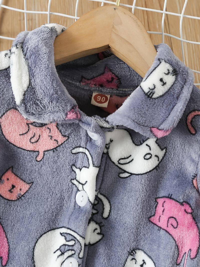 Babypiger Tykket Varm Flannel Pyjamas Familieoutfit Søde Dyr Med Langærmet Knap Top Og Bukser Sæt Børnetøj