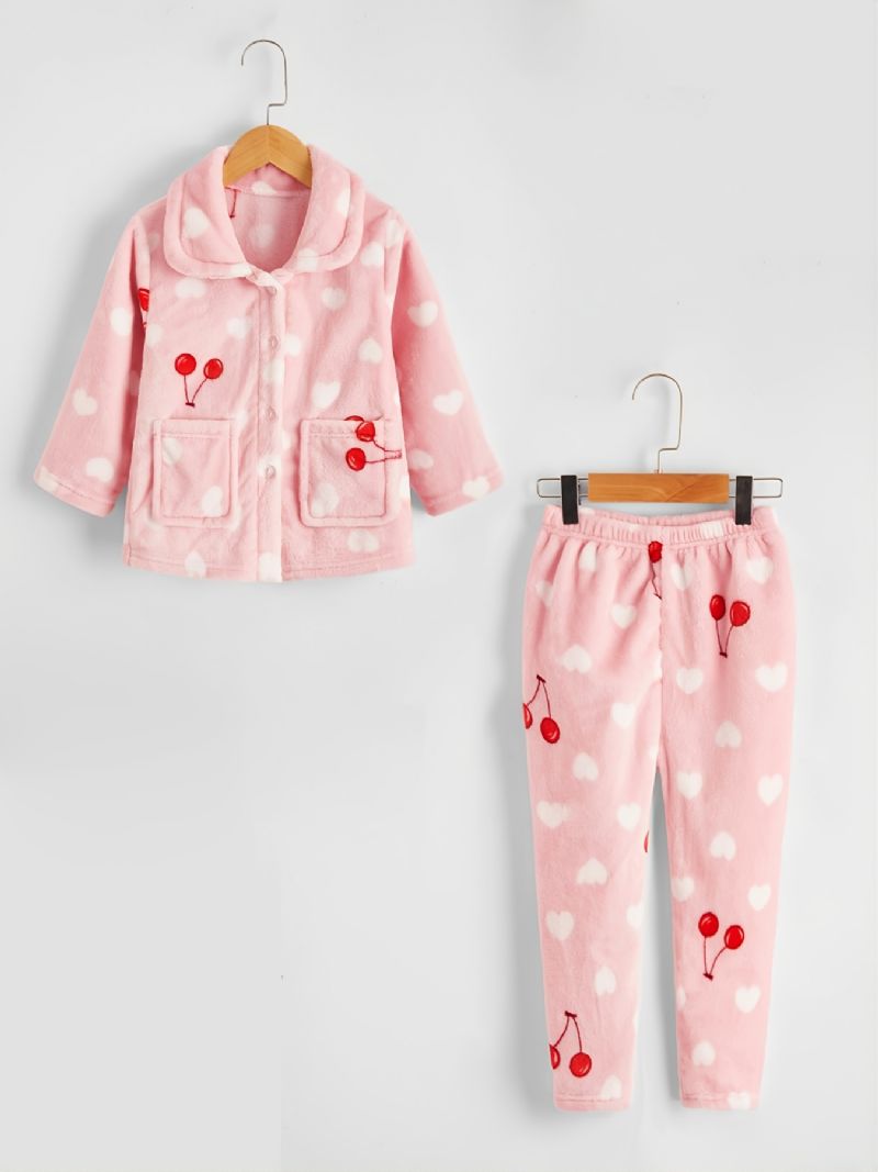 Børn Piger Heart Cherry Flanell Pyjamas Set Pink