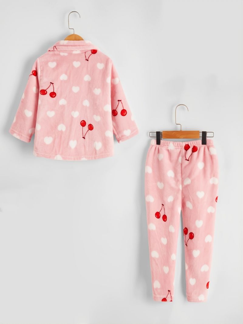 Børn Piger Heart Cherry Flanell Pyjamas Set Pink